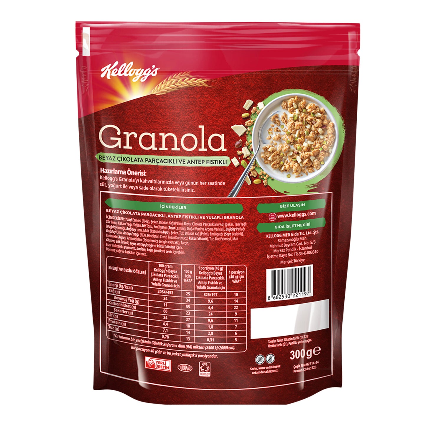 Kelloggs Granola Beyaz Çikolatalı Antep Fıstıklı 300 G