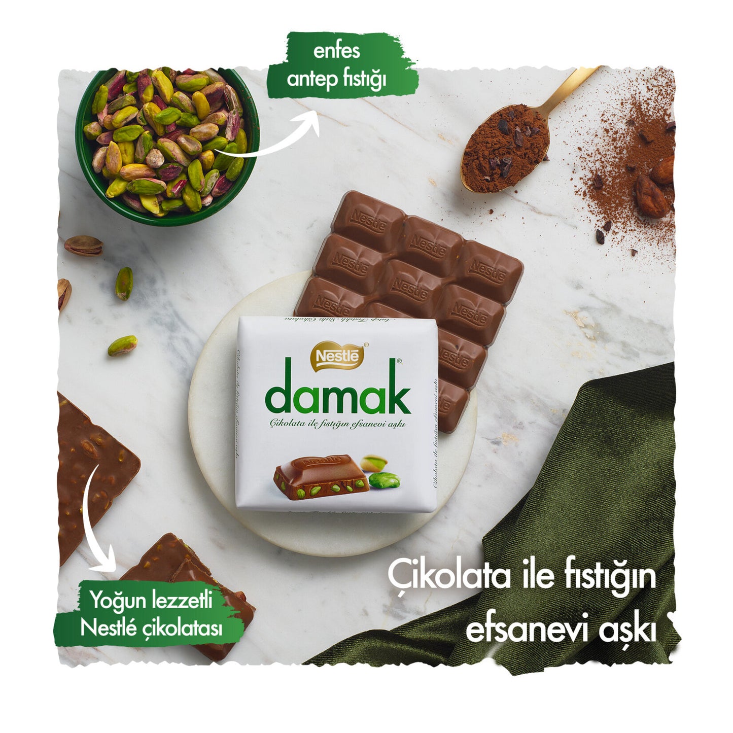 Nestle Damak Antep Fıstıklı Sütlü Kare Çikolata 60 G